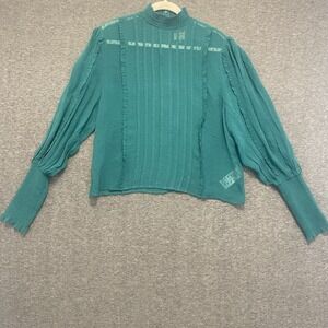 Farm Rio Women's Green Clip Dot Ruffled Smocked High Neck Blouse Top Size L